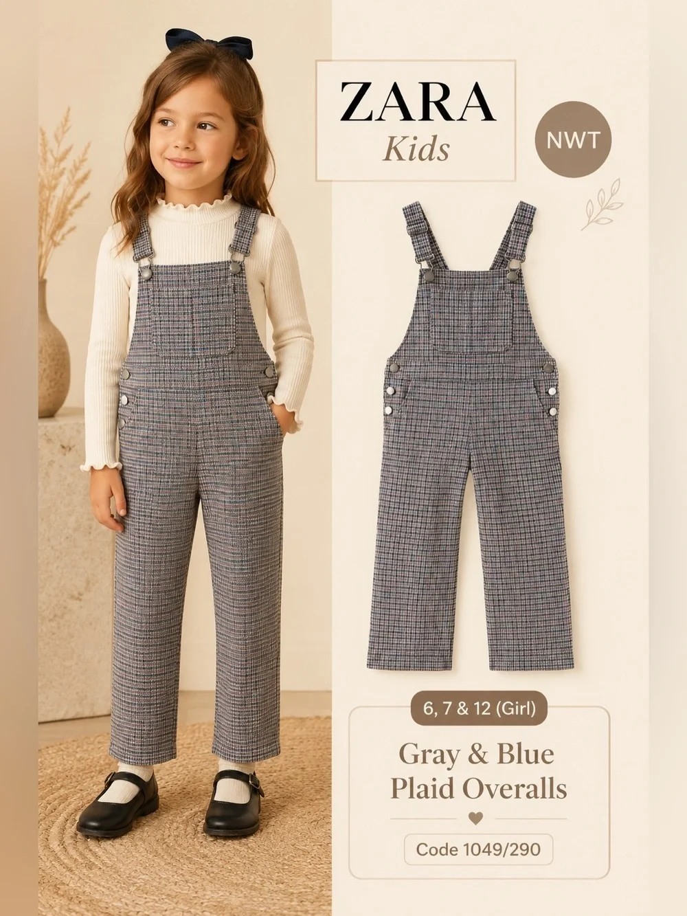Zara Kids Gray Blue Plaid Overalls NWT Girls Size 6 7 12